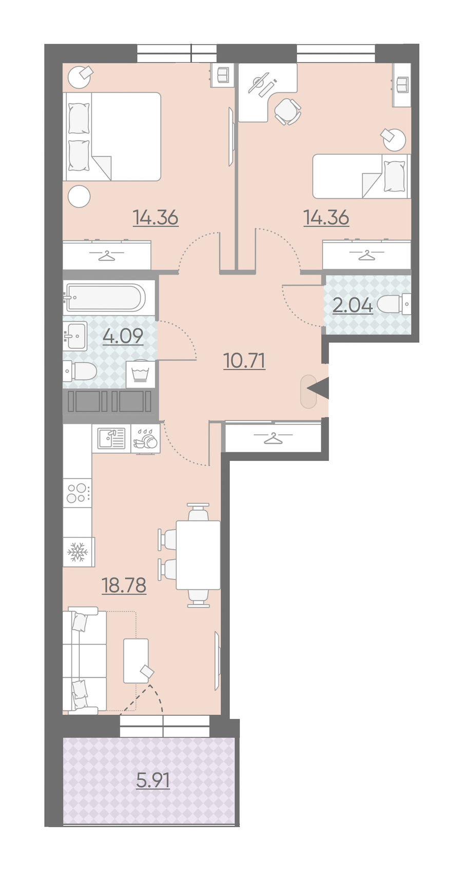 Двухкомнатная квартира в : площадь 67.3 м2 , этаж: 7 – купить в Санкт-Петербурге